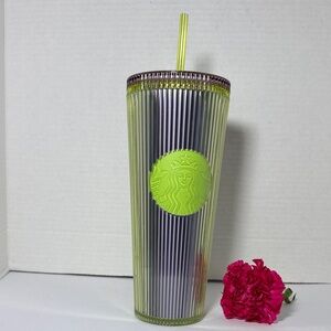 Starbucks 2025 Neon Transparent Lime Lilac Pleated Striped Venti Tumbler 24oz